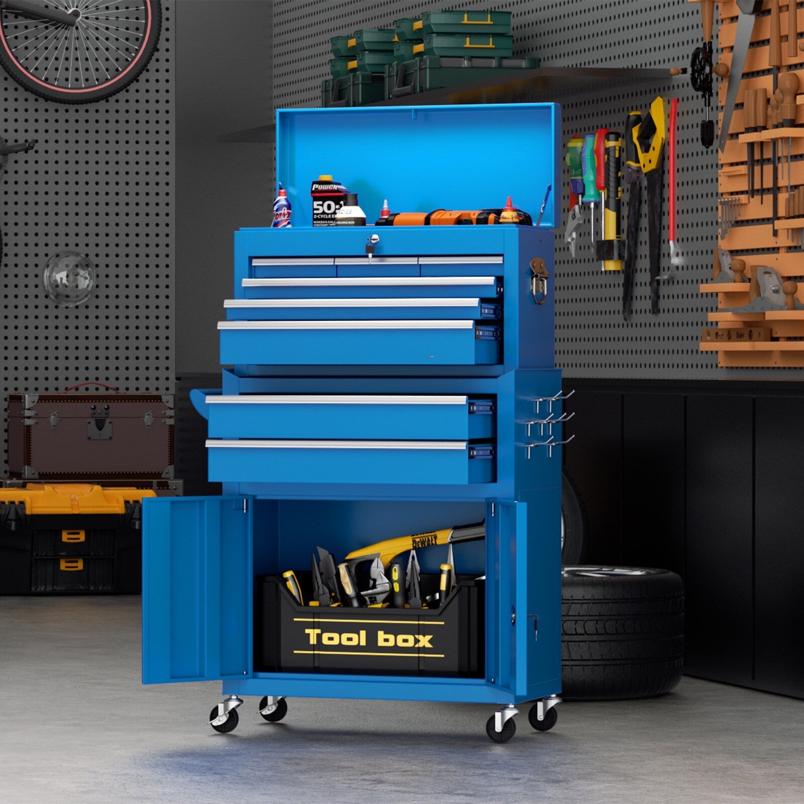 8-Drawer 2 in 1 Rolling Tool Chest Cabinet Garage Storage Toolbox with Detachable Top Tool Box and Universal Lockable Wheels