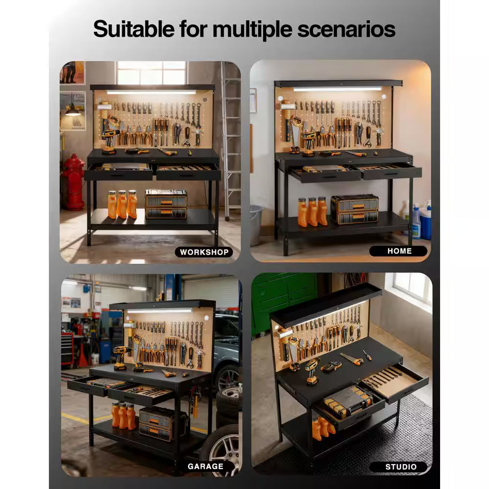 600 Lbs. Capacity Workbench W/ 120-Volt LED Work Light, A3 Steel Work Table for Garage Tool Storage, Workshop, Basement