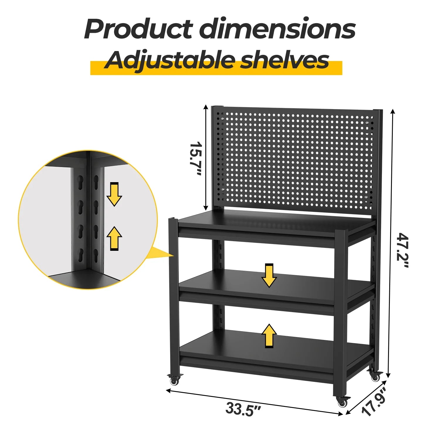 Work Bench with Pegboard,Heavy Duty Workbench with Wheels Adjustable Shelves,Tool Cart,Work Table for Garage Warehouse47.2 H*33.46" W*18" D