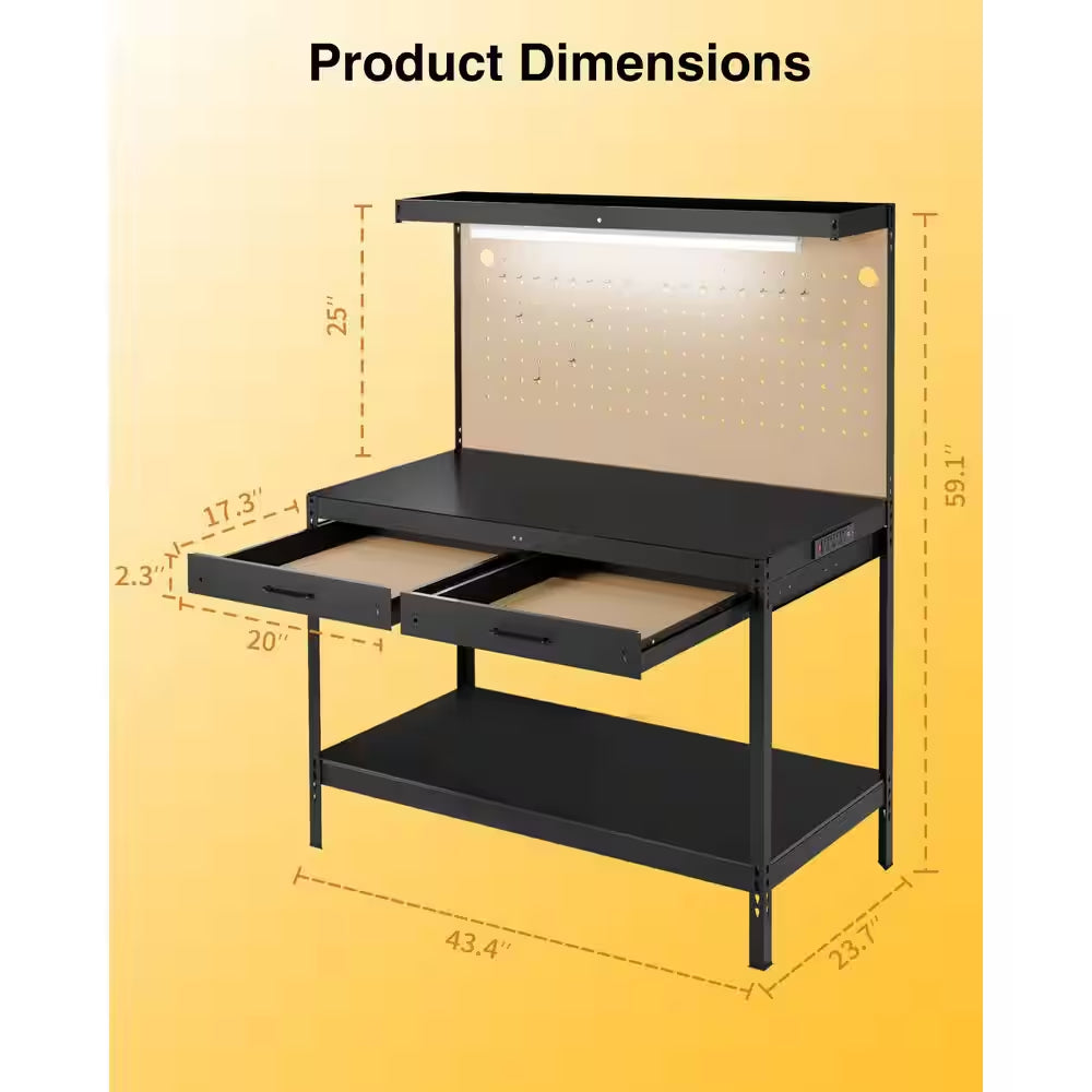 600 Lbs. Capacity Workbench W/ 120-Volt LED Work Light, A3 Steel Work Table for Garage Tool Storage, Workshop, Basement