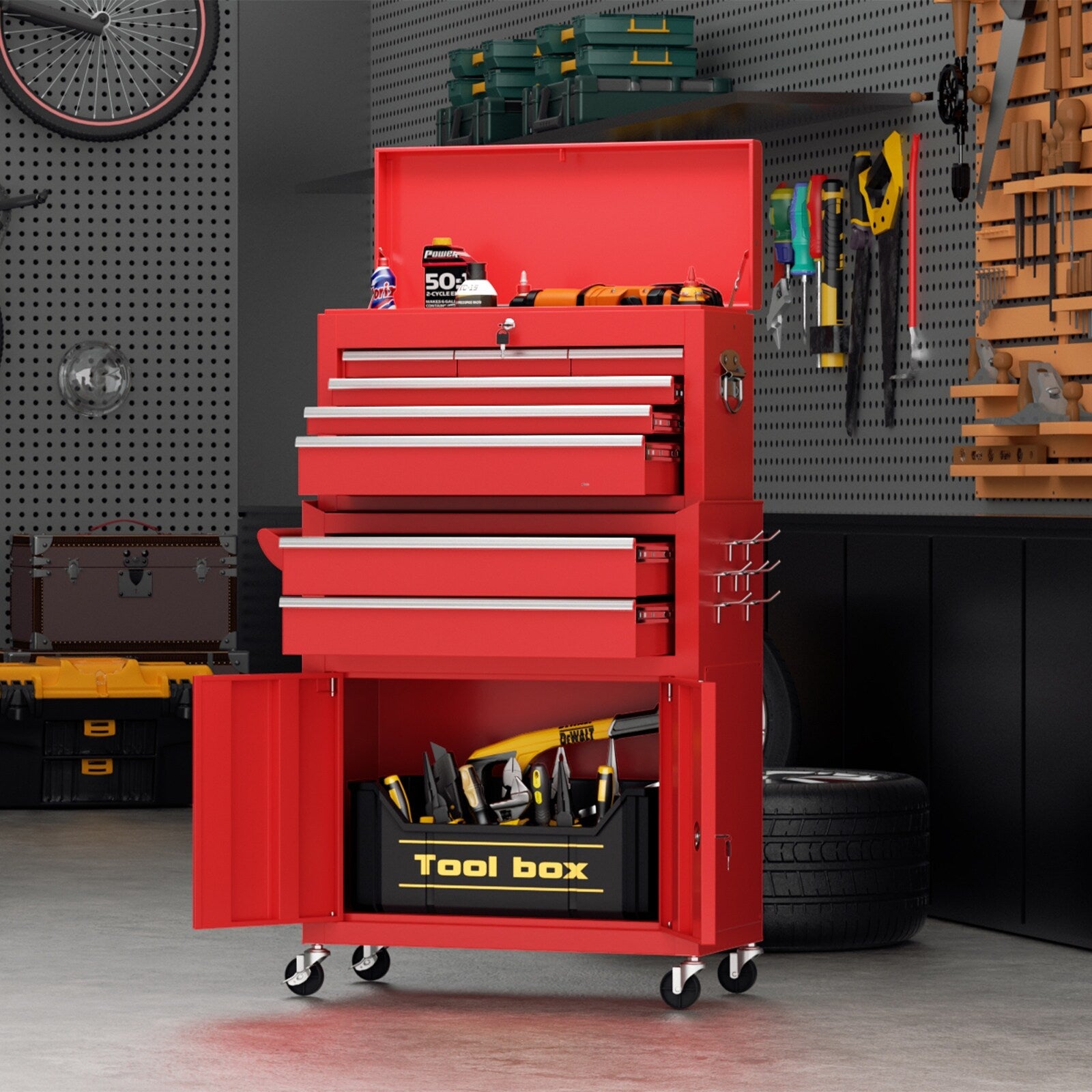 8-Drawer 2 in 1 Rolling Tool Chest Cabinet Garage Storage Toolbox with Detachable Top Tool Box and Universal Lockable Wheels