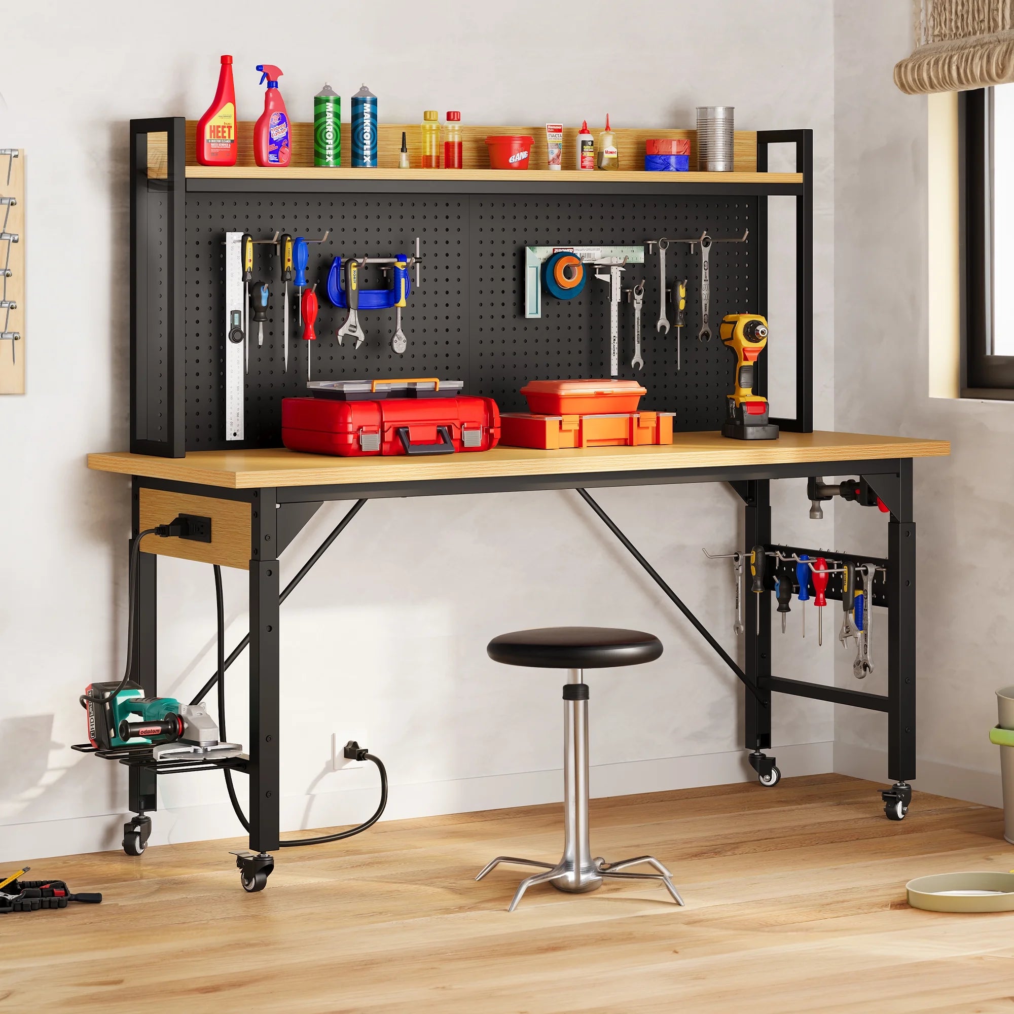 Multifunctional Workbench with Wheels, 59.1" X 23.6" with Pegboard Worktable W/ Power Outlets, A3 Steel Work Bench for Garage Max. Heavy Duty Workbench 2000Lbs Weight Capacity