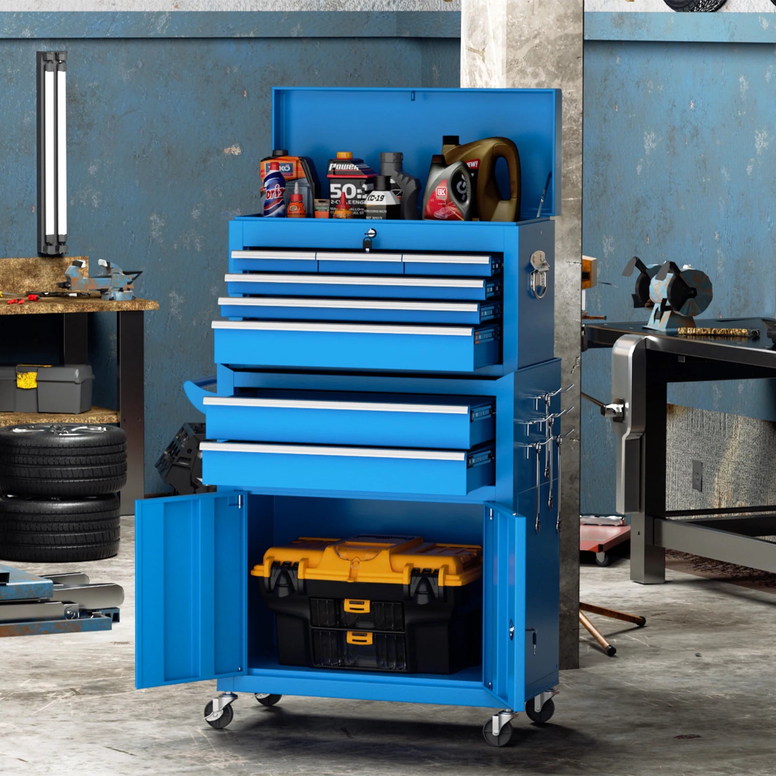 8-Drawer 2 in 1 Rolling Tool Chest Cabinet Garage Storage Toolbox with Detachable Top Tool Box and Universal Lockable Wheels