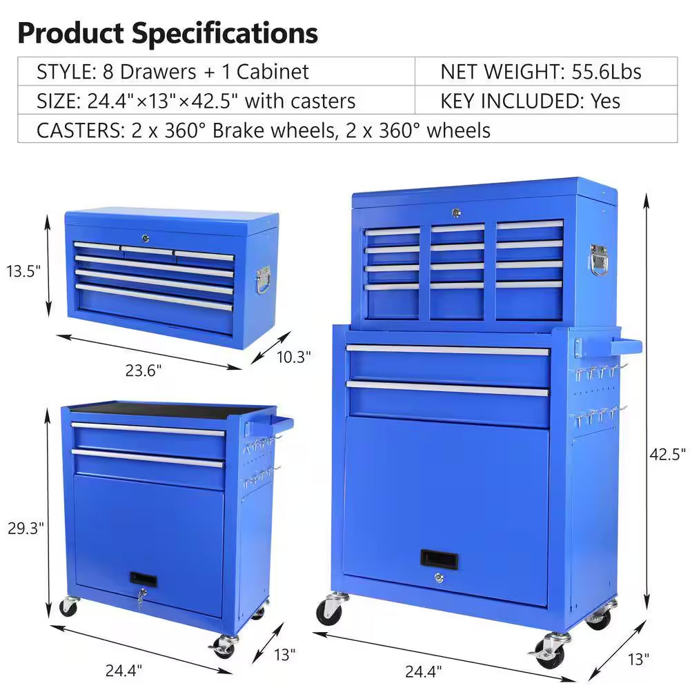 Rolling Tool Chest with Wheels and 8 Drawers, Detachable Large Tool Cabinet with Lock for Garage