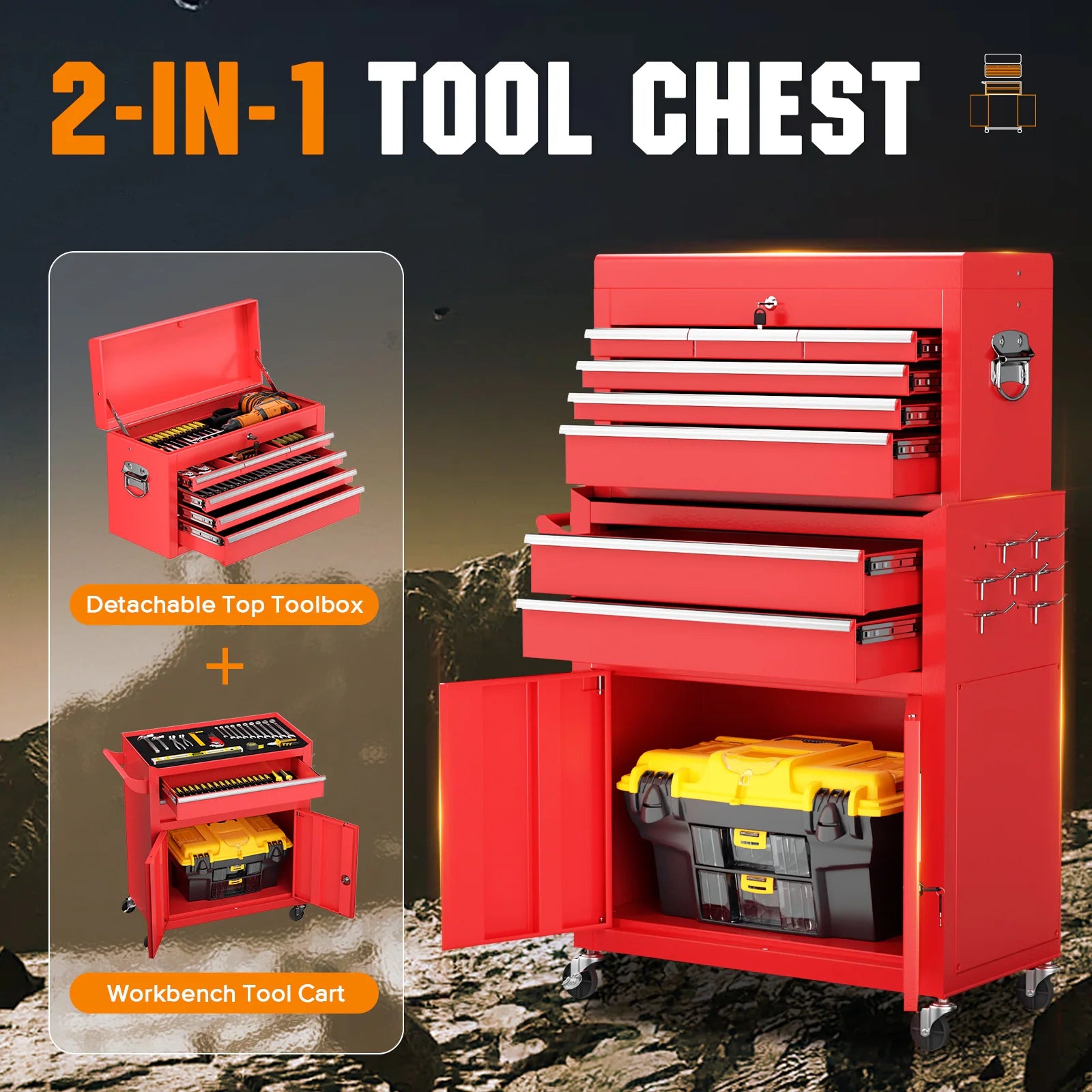 8-Drawer 2 in 1 Rolling Tool Chest Cabinet Garage Storage Toolbox with Detachable Top Tool Box and Universal Lockable Wheels