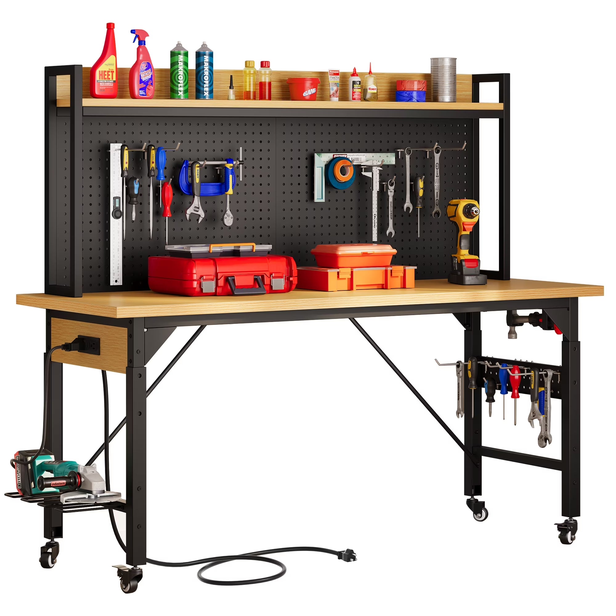 Multifunctional Workbench with Wheels, 59.1" X 23.6" with Pegboard Worktable W/ Power Outlets, A3 Steel Work Bench for Garage Max. Heavy Duty Workbench 2000Lbs Weight Capacity
