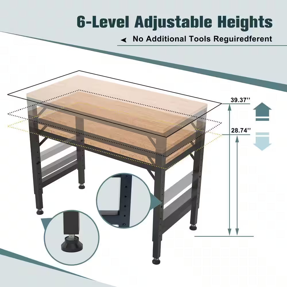 Rectangular Metal Outdoor Side Table with Rubber Pads, Heavy-Duty Adjustable Workbench for Garage, 2000 Lbs. Black