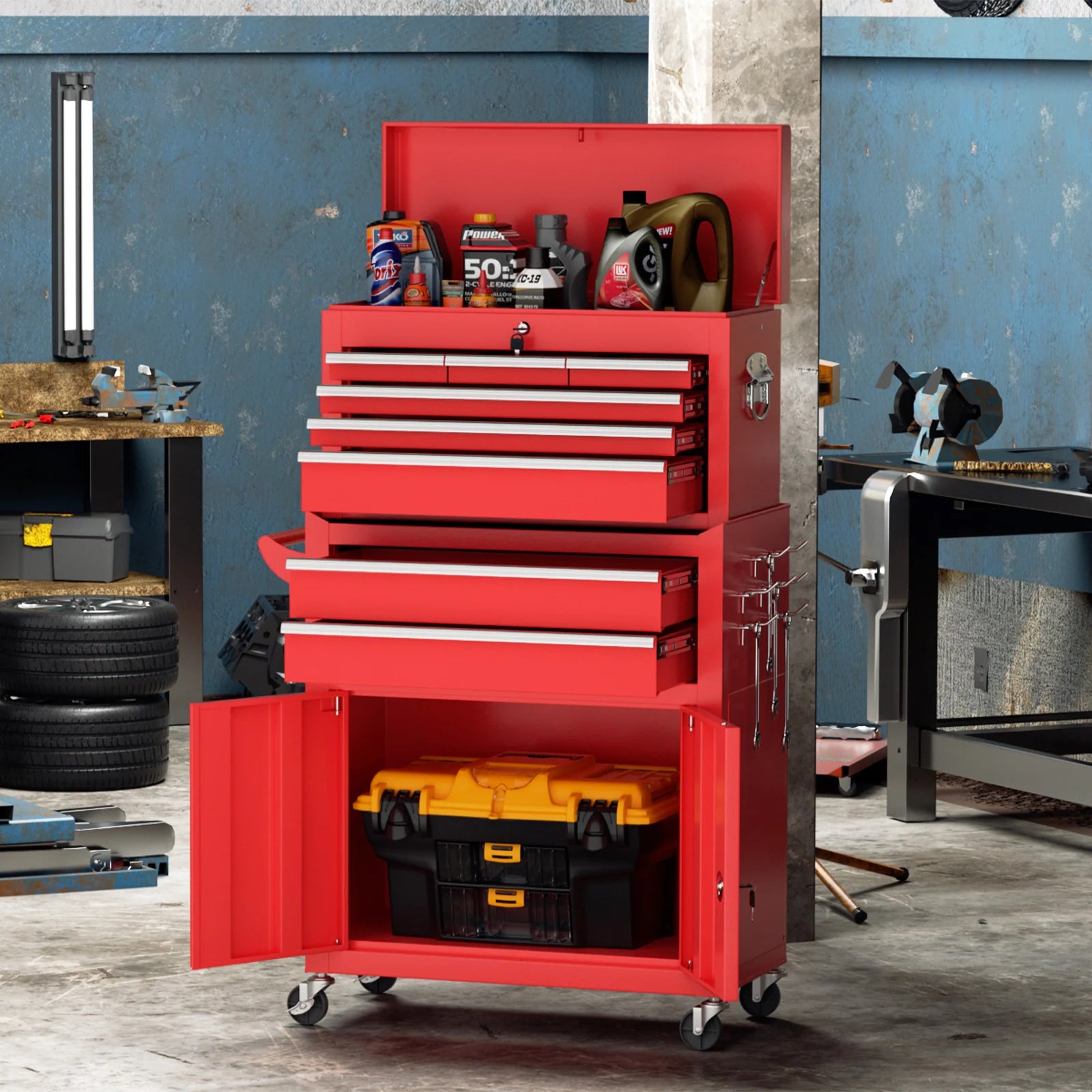 8-Drawer 2 in 1 Rolling Tool Chest Cabinet Garage Storage Toolbox with Detachable Top Tool Box and Universal Lockable Wheels