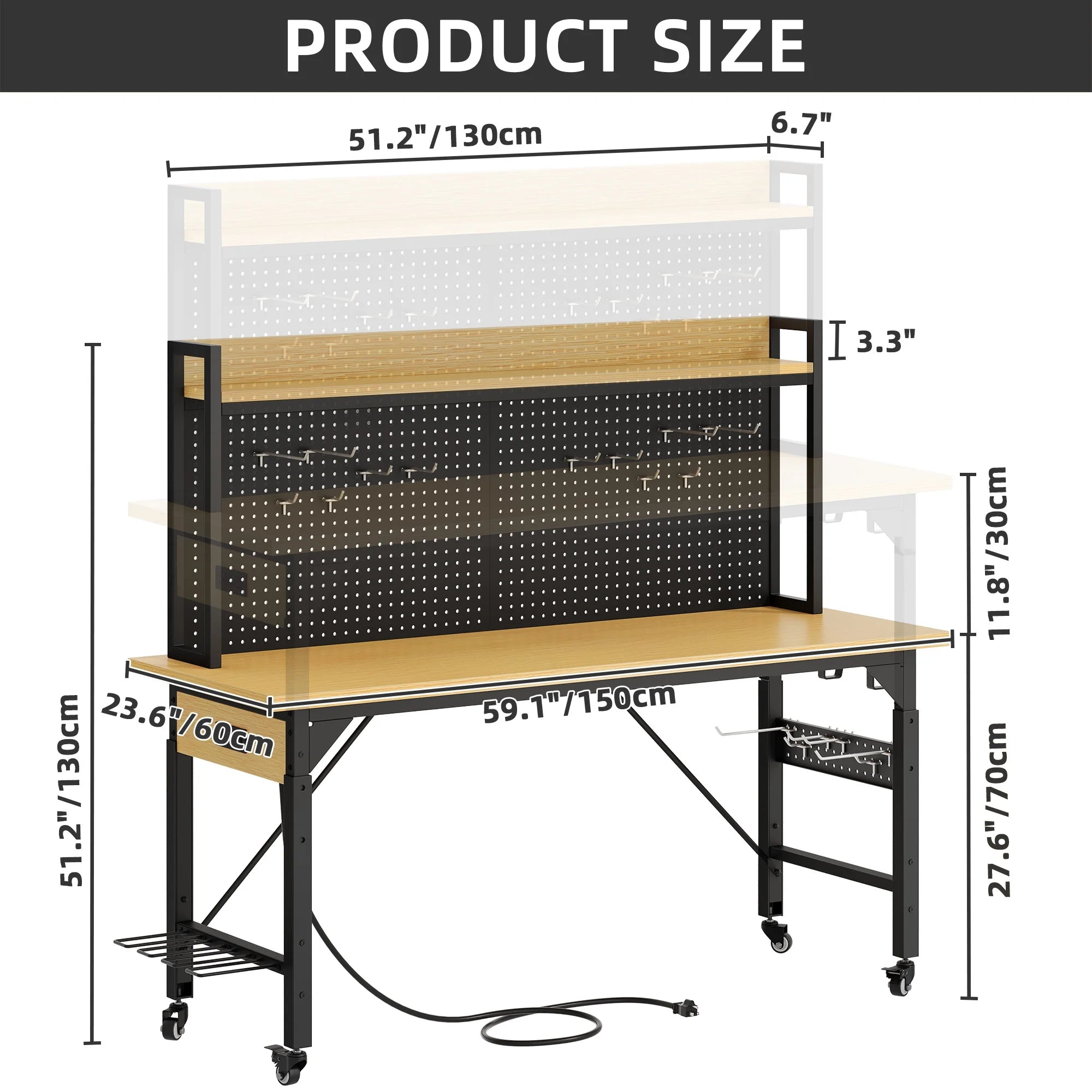 Multifunctional Workbench with Wheels, 59.1" X 23.6" with Pegboard Worktable W/ Power Outlets, A3 Steel Work Bench for Garage Max. Heavy Duty Workbench 2000Lbs Weight Capacity