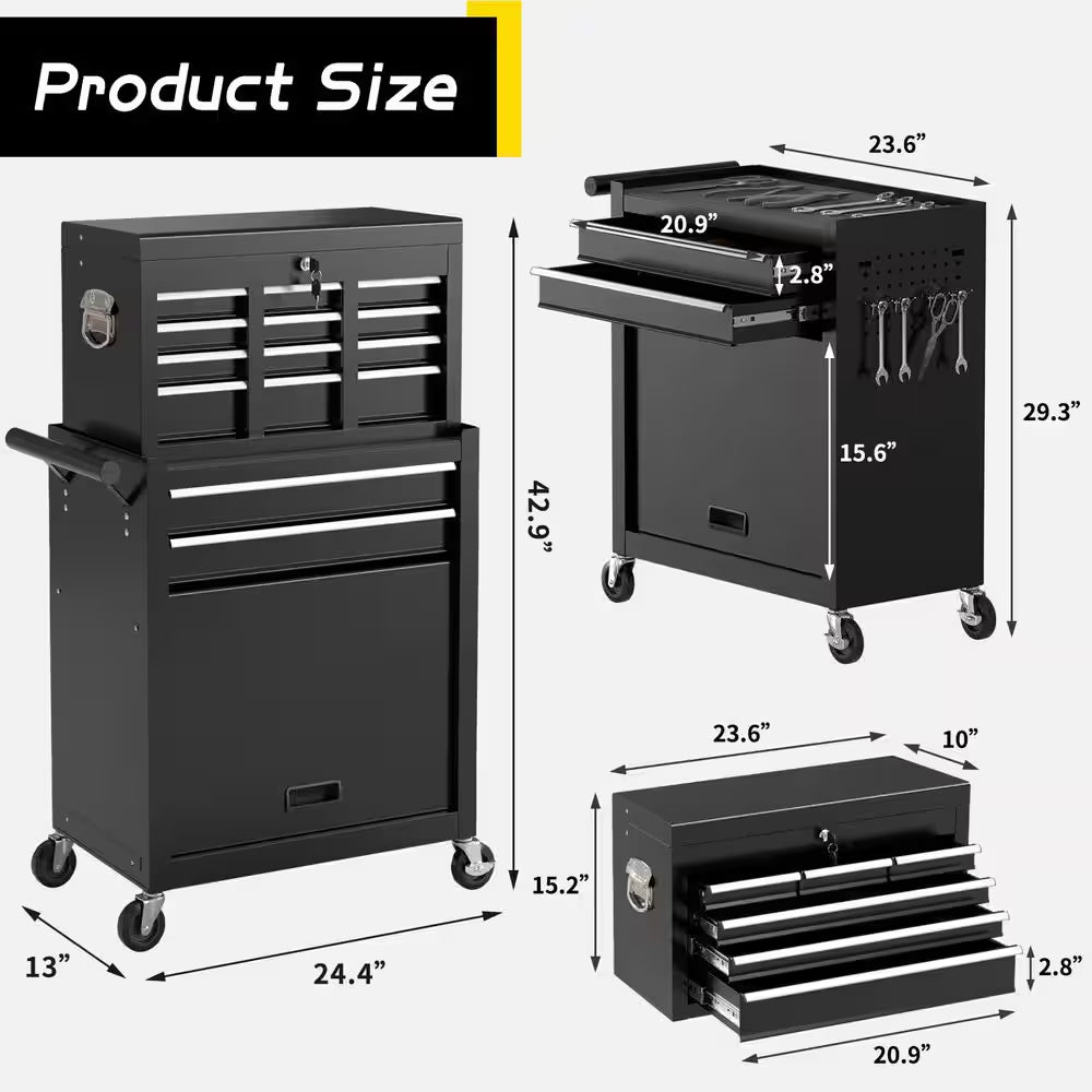 Heavy Duty 24 In. W X 13 In. D 8-Drawer Black Alloy Steel Rolling Tool Cabinet