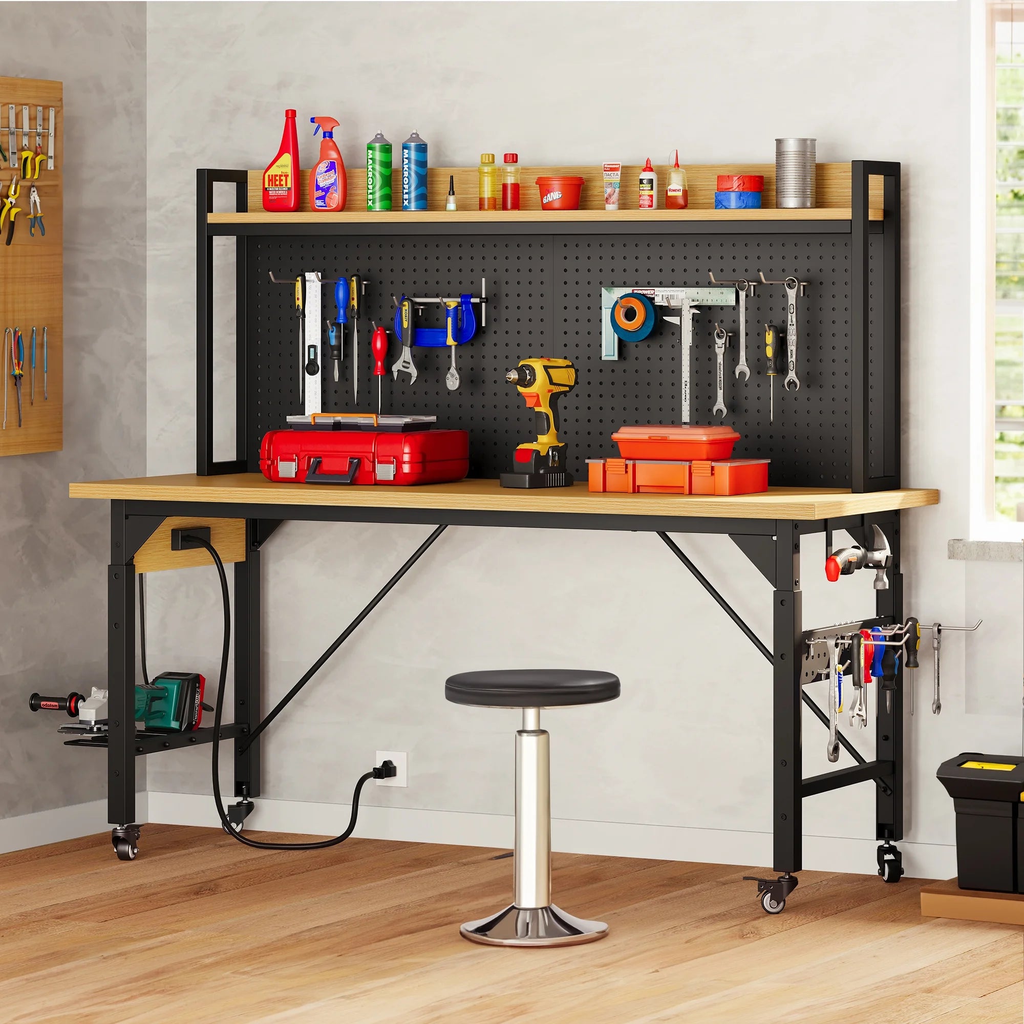 Multifunctional Workbench with Wheels, 59.1" X 23.6" with Pegboard Worktable W/ Power Outlets, A3 Steel Work Bench for Garage Max. Heavy Duty Workbench 2000Lbs Weight Capacity