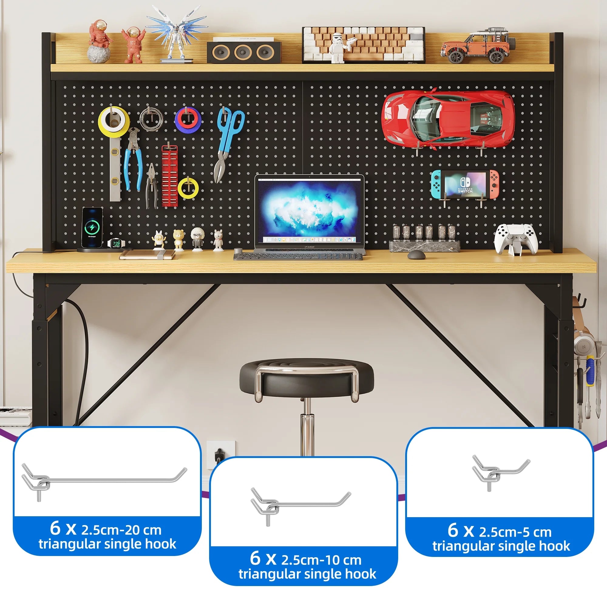 Multifunctional Workbench with Wheels, 59.1" X 23.6" with Pegboard Worktable W/ Power Outlets, A3 Steel Work Bench for Garage Max. Heavy Duty Workbench 2000Lbs Weight Capacity
