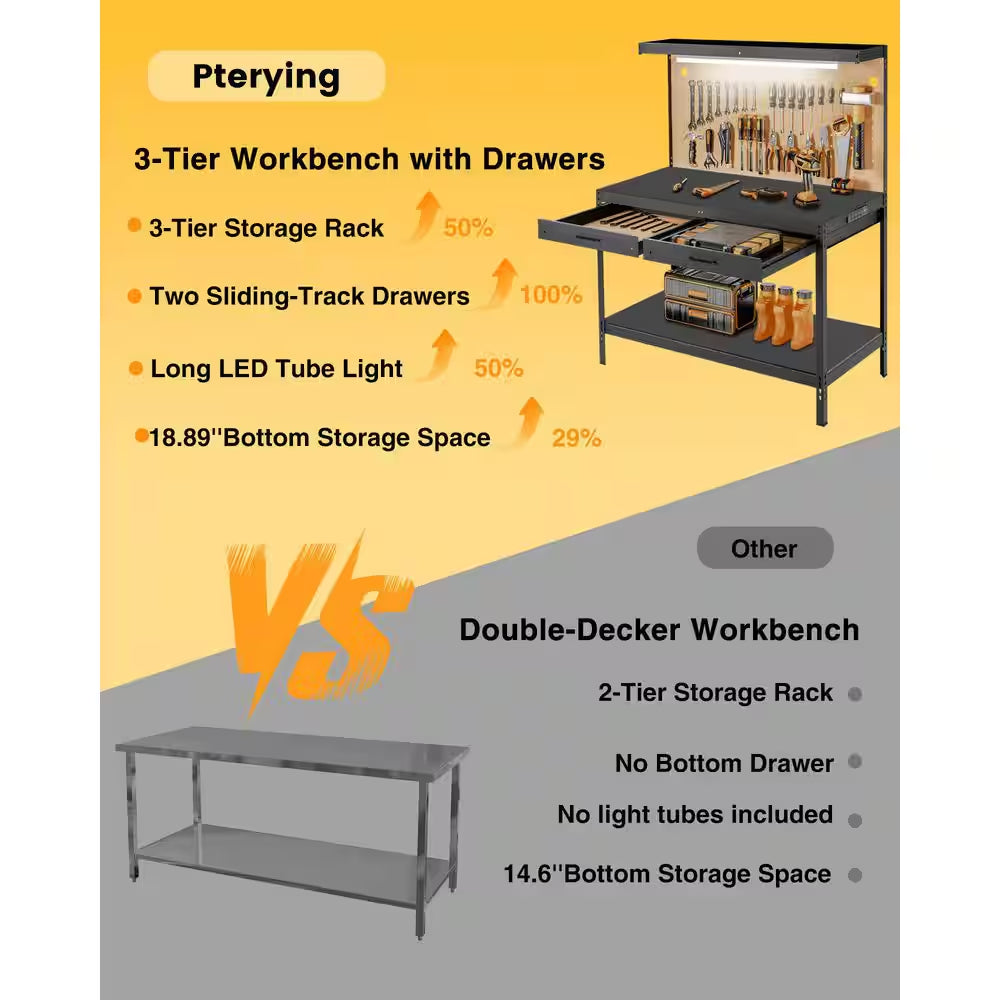 600 Lbs. Capacity Workbench W/ 120-Volt LED Work Light, A3 Steel Work Table for Garage Tool Storage, Workshop, Basement