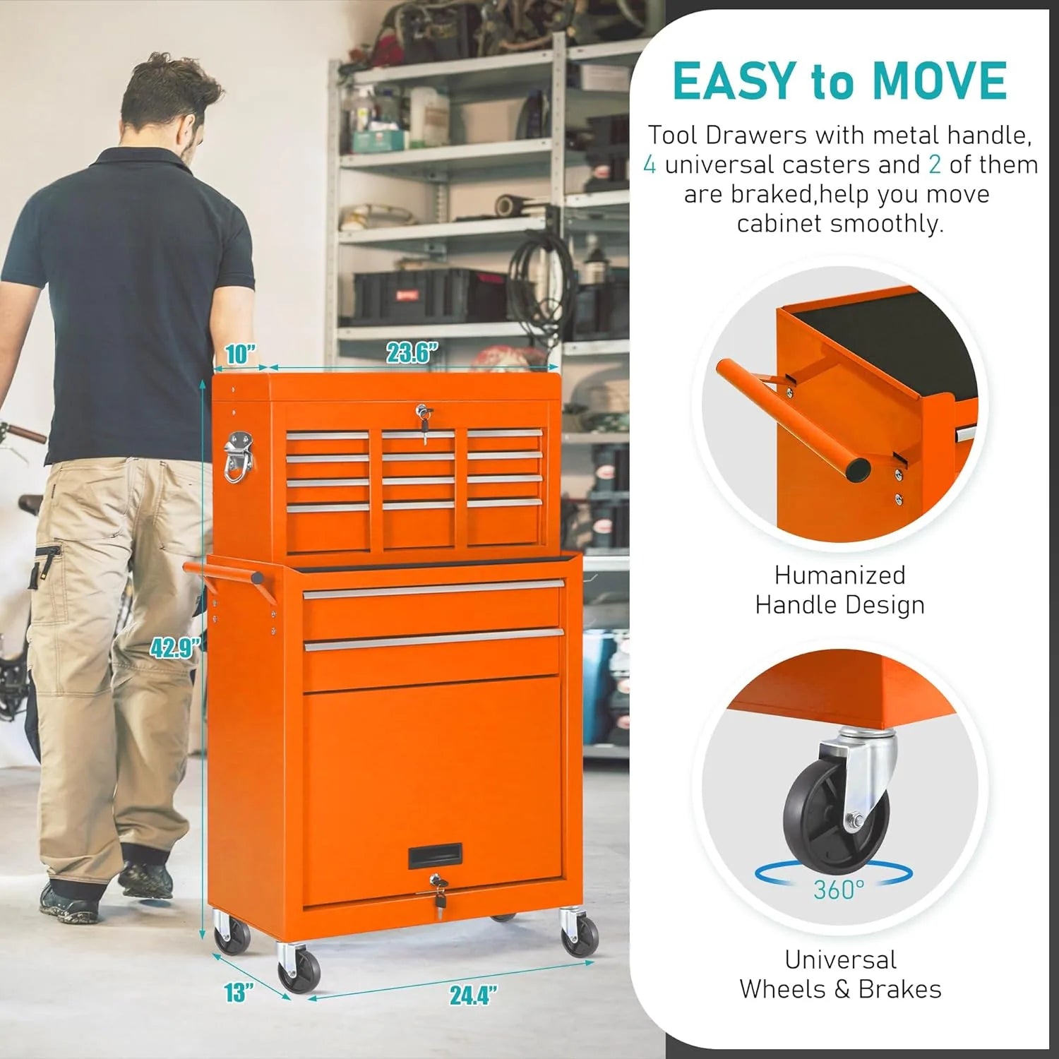 8-Drawer 2 in 1 Rolling Tool Chest Cabinet Garage Storage Toolbox with Detachable Top Tool Box and Universal Lockable Wheels