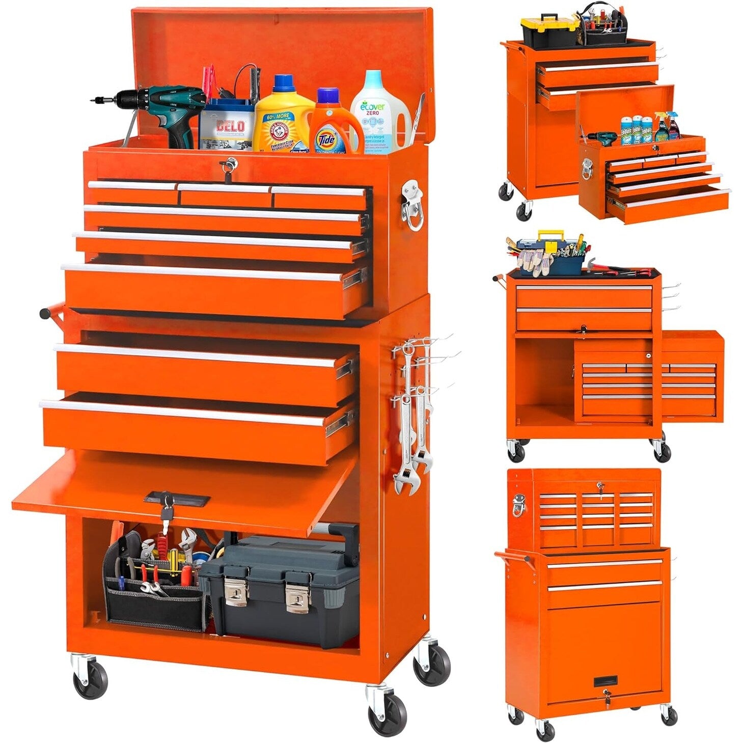 8-Drawer 2 in 1 Rolling Tool Chest Cabinet Garage Storage Toolbox with Detachable Top Tool Box and Universal Lockable Wheels