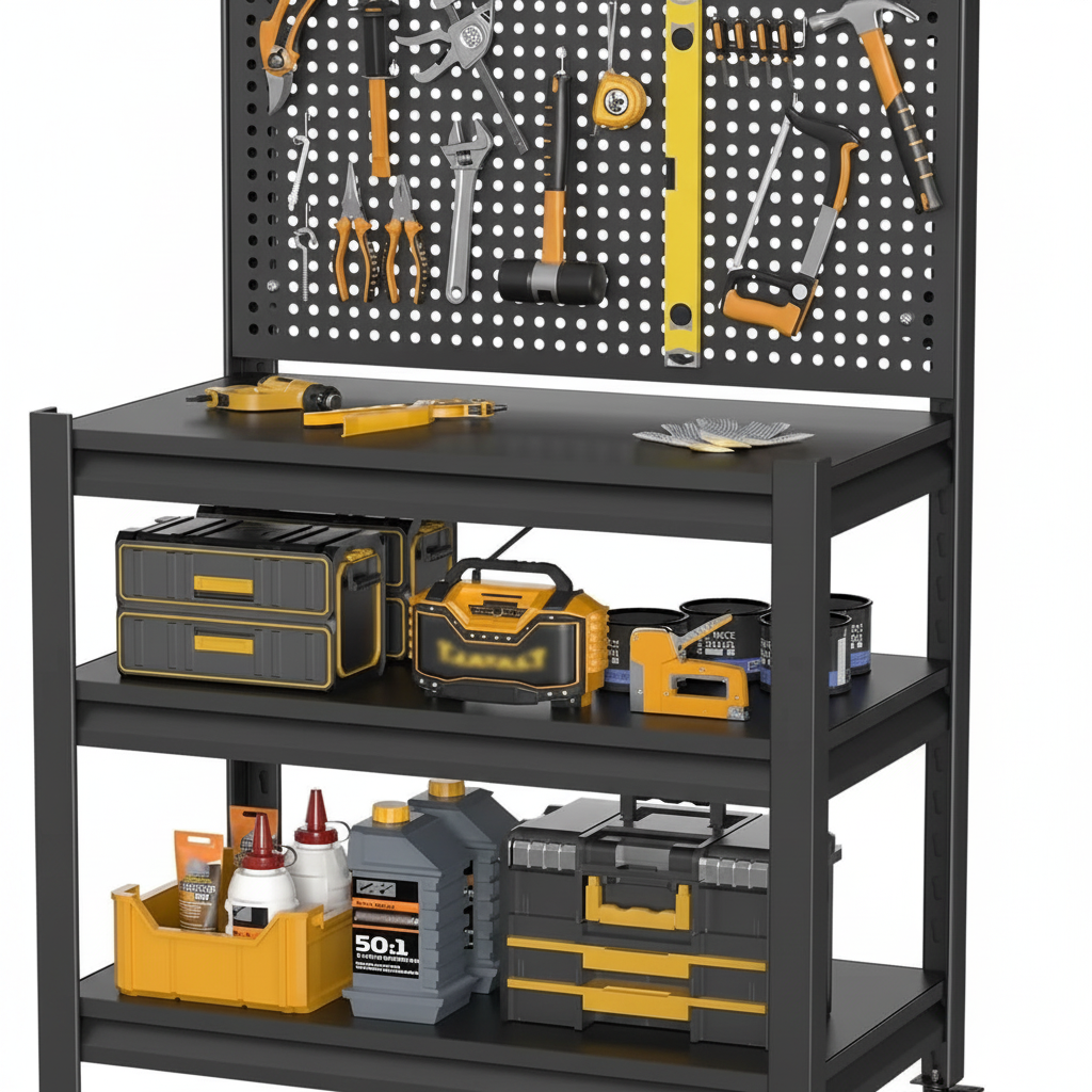 Work Bench with Pegboard,Heavy Duty Workbench with Wheels Adjustable Shelves,Tool Cart,Work Table for Garage Warehouse47.2 H*33.46" W*18" D